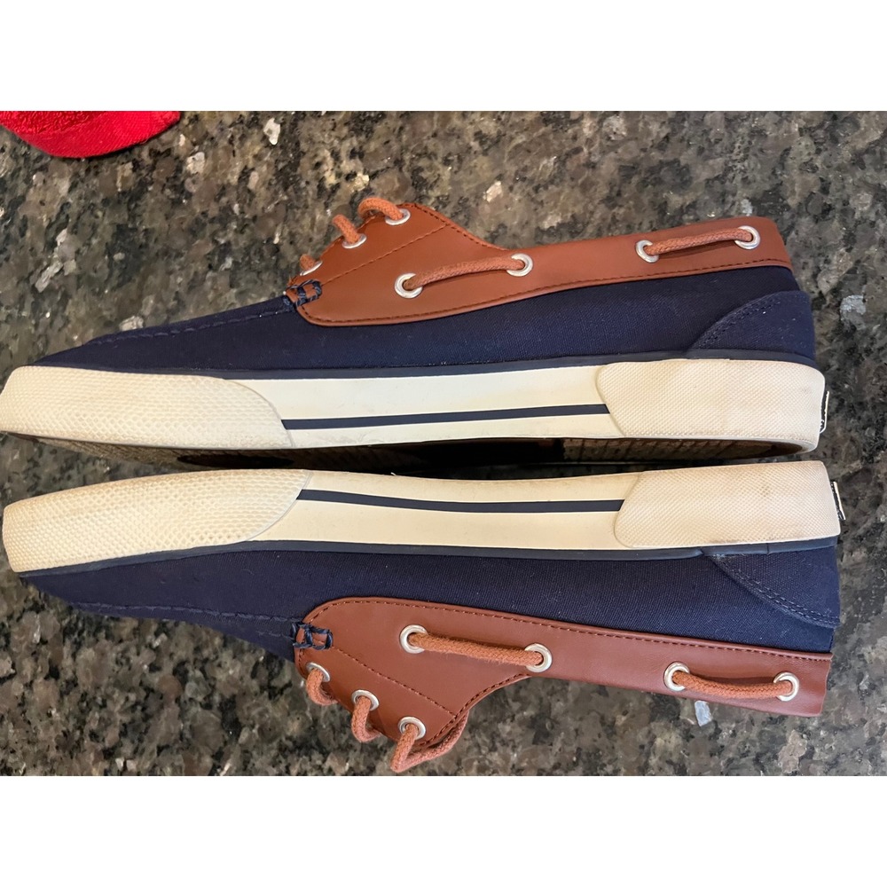 Polo Ralph Lauren Franz Mens Boat Shoes Navy Blue Brown Canvas Loafers Size 9D - Picture 7 of 10